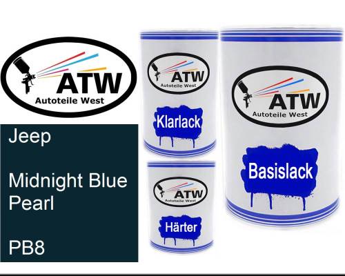 Jeep, Midnight Blue Pearl, PB8: 500ml Lackdose + 500ml Klarlack + 250ml Härter - Set, von ATW Autoteile West.